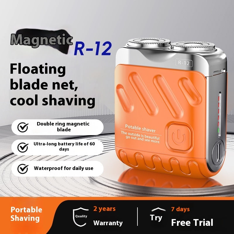 Portable Double-ring Rotary Electric Shaver for Men, Mini Travel Razor with Dual Magnetic Blade Head, Rechargeable, Pocket Size.