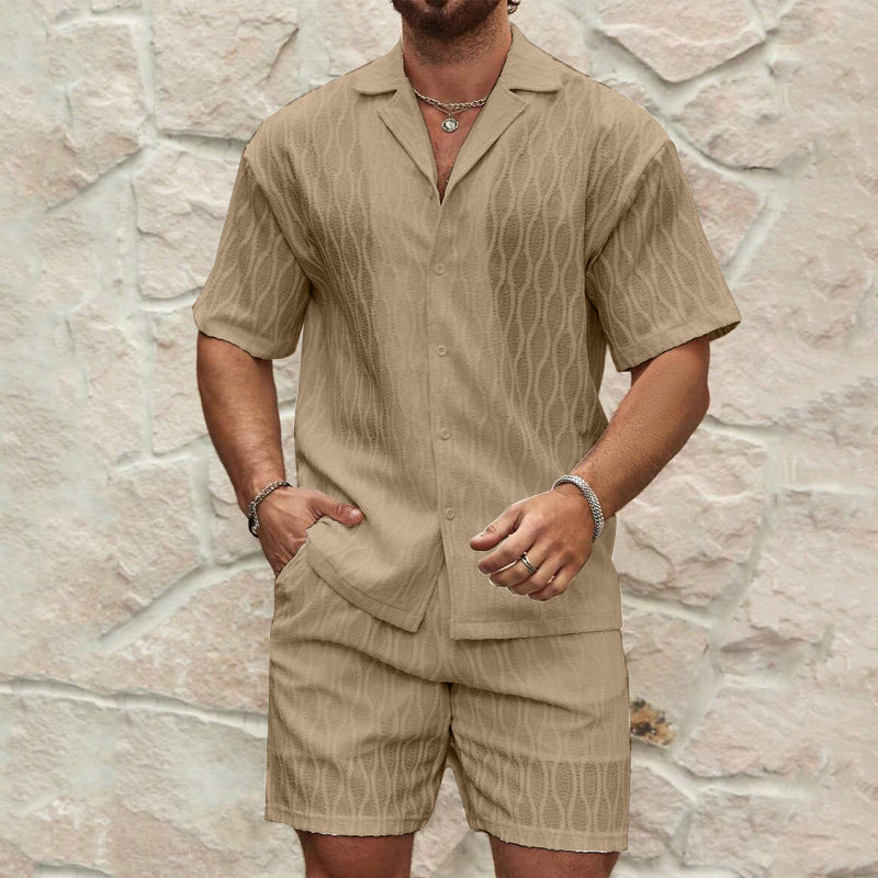 Men's Summer Suits, Fashion Solid Loose Casual Two-Piece Lapel Button-Down Shirt Shorts Beach Vacation All-Match Sets for Men