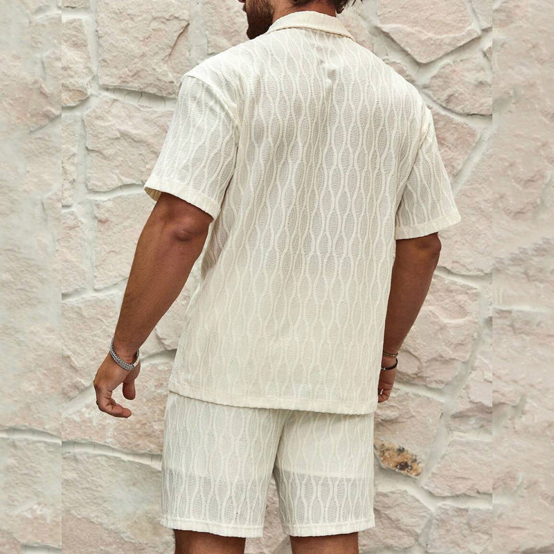 Men's Summer Suits, Fashion Solid Loose Casual Two-Piece Lapel Button-Down Shirt Shorts Beach Vacation All-Match Sets for Men