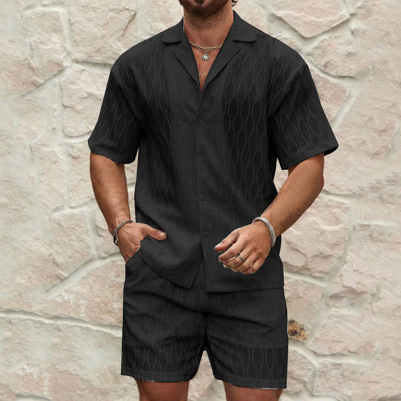 Men's Summer Suits, Fashion Solid Loose Casual Two-Piece Lapel Button-Down Shirt Shorts Beach Vacation All-Match Sets for Men
