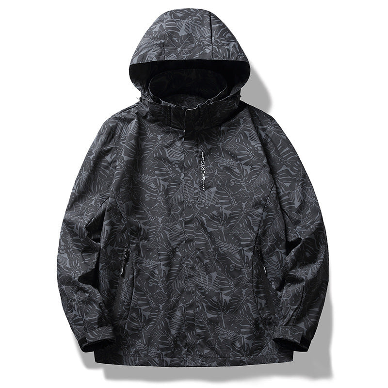 Men's and women's camouflage windproof jacket. Hooded floral print jacket. Long-sleeved casual sportswear with zippered pockets, non-stretch fabric, regular fit, casual sportswear.