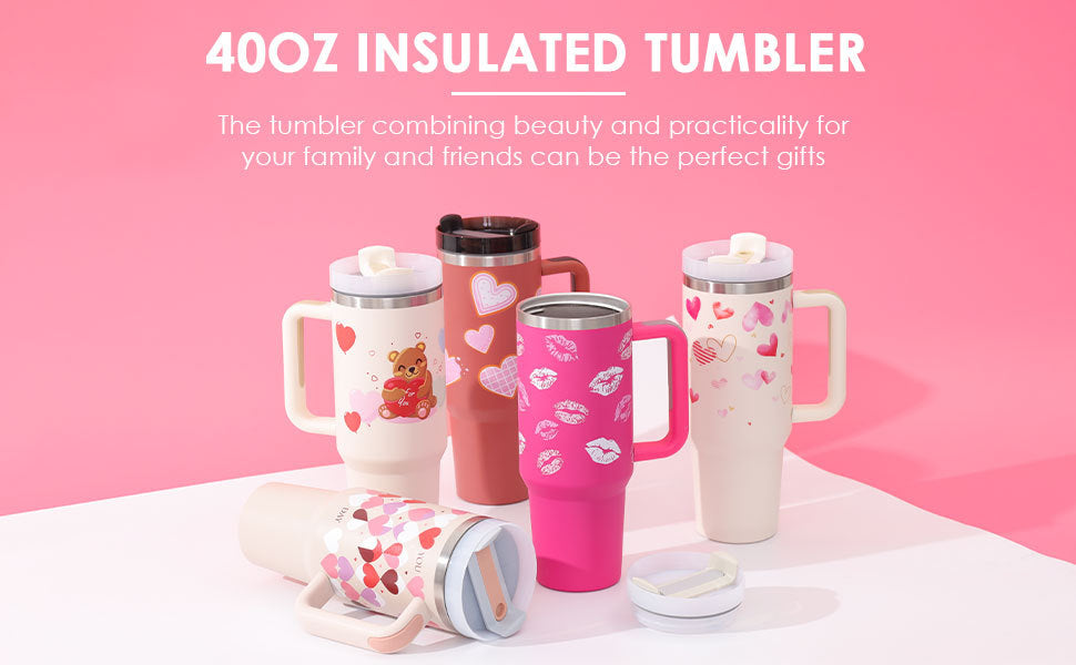40 oz tumbler with lid and stainless steel handle. Thermos water bottle mug.