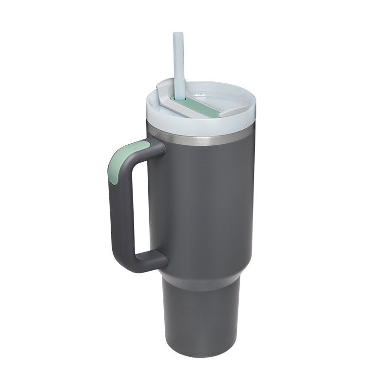 40 oz tumbler with lid and stainless steel handle. Thermos water bottle mug.