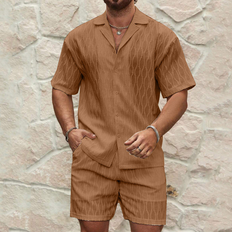 Men's Summer Suits, Fashion Solid Loose Casual Two-Piece Lapel Button-Down Shirt Shorts Beach Vacation All-Match Sets for Men