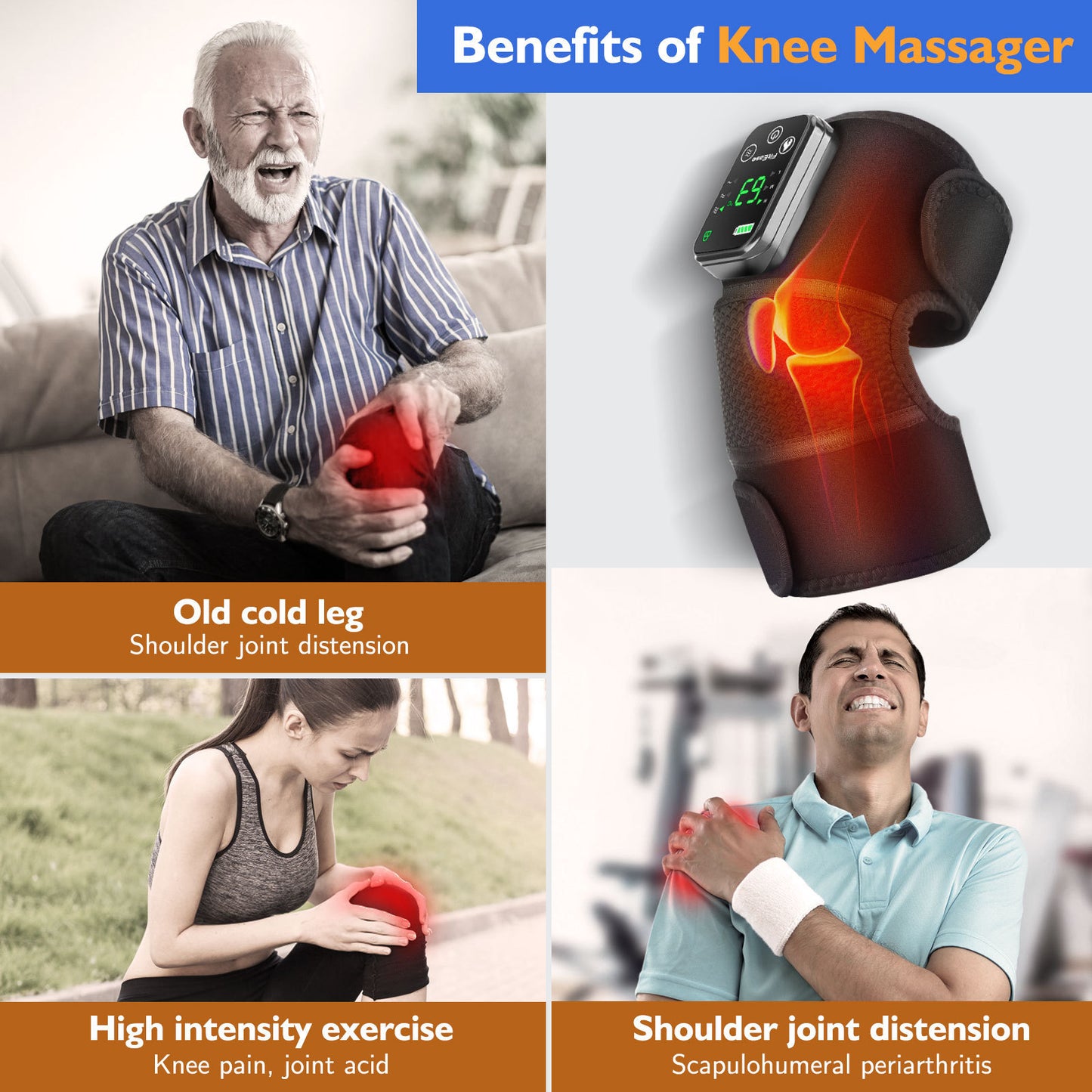 Heated knee pad, heated knee massager with vibration. 3-in-1 knee massager.