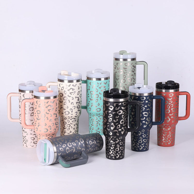 40 oz tumbler with lid and stainless steel handle. Thermos water bottle mug.