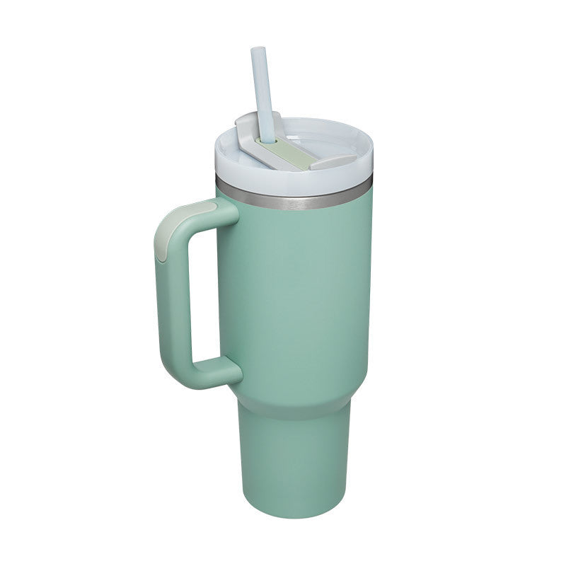 40 oz tumbler with lid and stainless steel handle. Thermos water bottle mug.