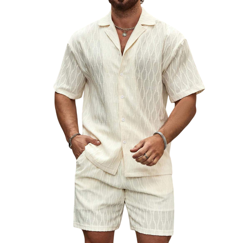 Men's Summer Suits, Fashion Solid Loose Casual Two-Piece Lapel Button-Down Shirt Shorts Beach Vacation All-Match Sets for Men