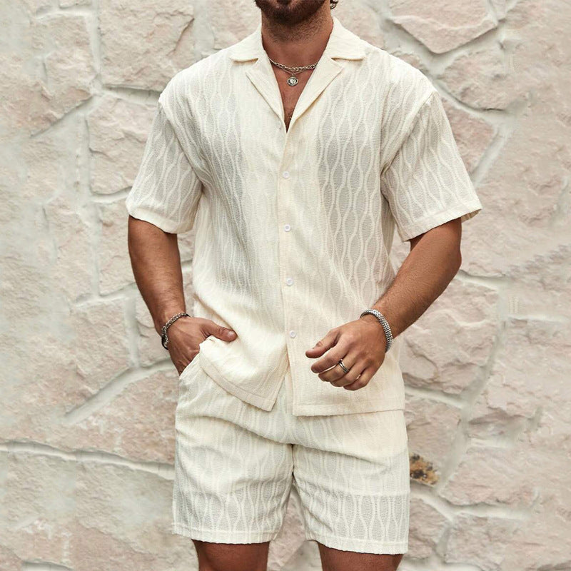 Men's Summer Suits, Fashion Solid Loose Casual Two-Piece Lapel Button-Down Shirt Shorts Beach Vacation All-Match Sets for Men