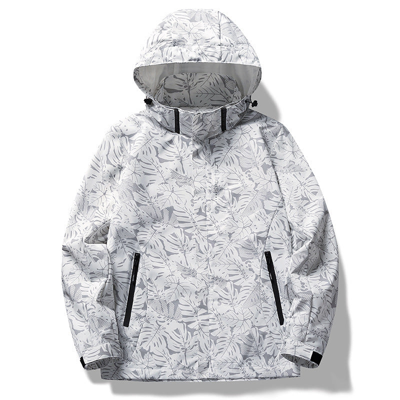 Men's and women's camouflage windproof jacket. Hooded floral print jacket. Long-sleeved casual sportswear with zippered pockets, non-stretch fabric, regular fit, casual sportswear.
