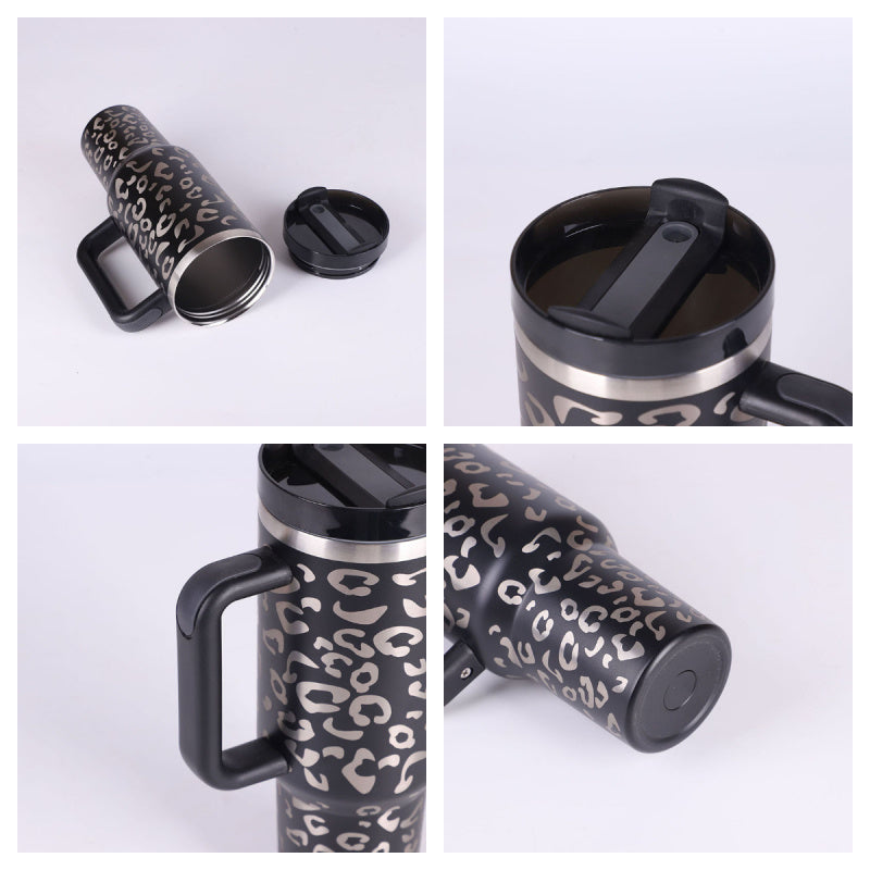 40 oz tumbler with lid and stainless steel handle. Thermos water bottle mug.