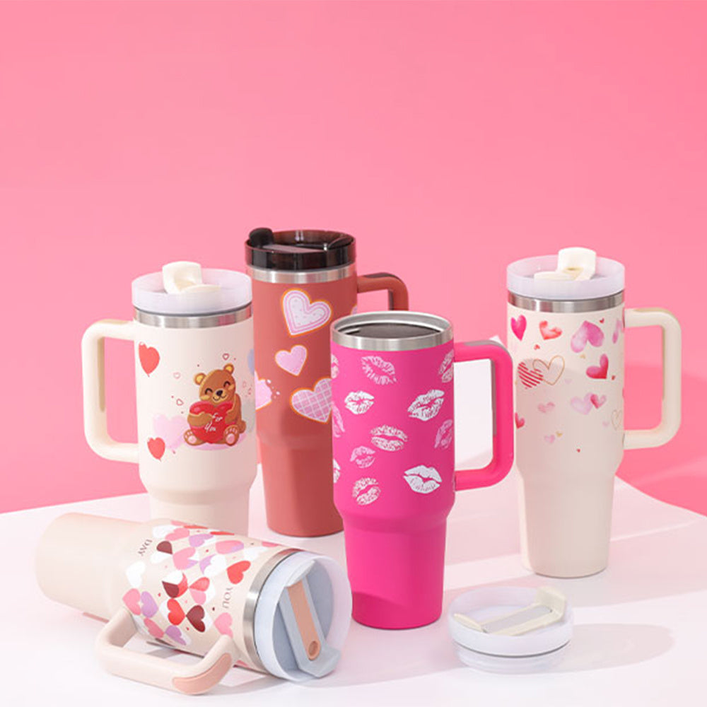 40 oz tumbler with lid and stainless steel handle. Thermos water bottle mug.