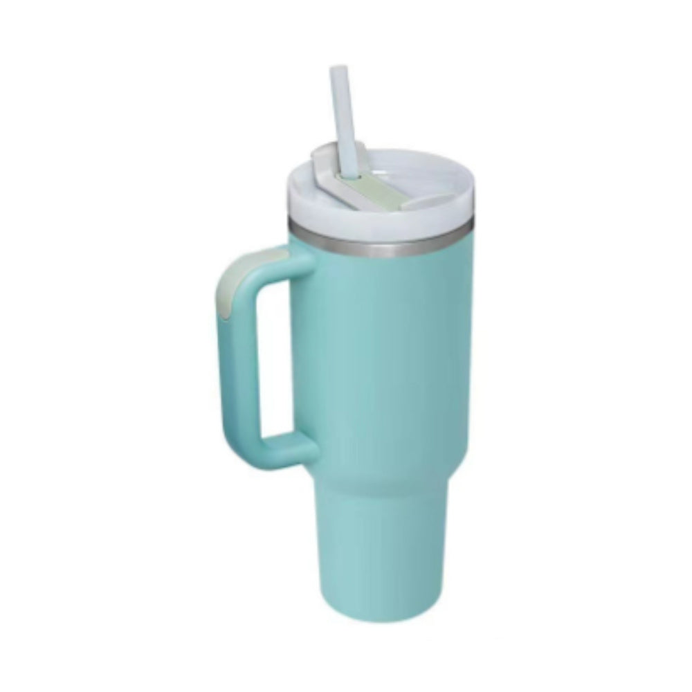40 oz tumbler with lid and stainless steel handle. Thermos water bottle mug.