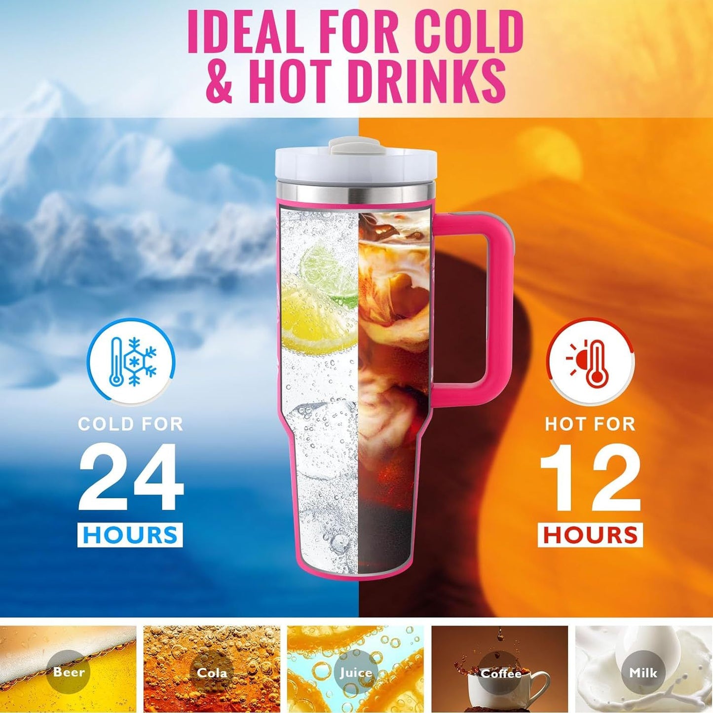 40 oz tumbler with lid and stainless steel handle. Thermos water bottle mug.