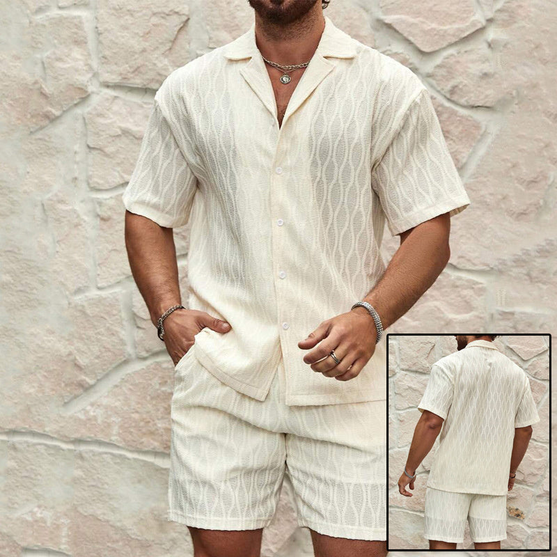 Men's Summer Suits, Fashion Solid Loose Casual Two-Piece Lapel Button-Down Shirt Shorts Beach Vacation All-Match Sets for Men