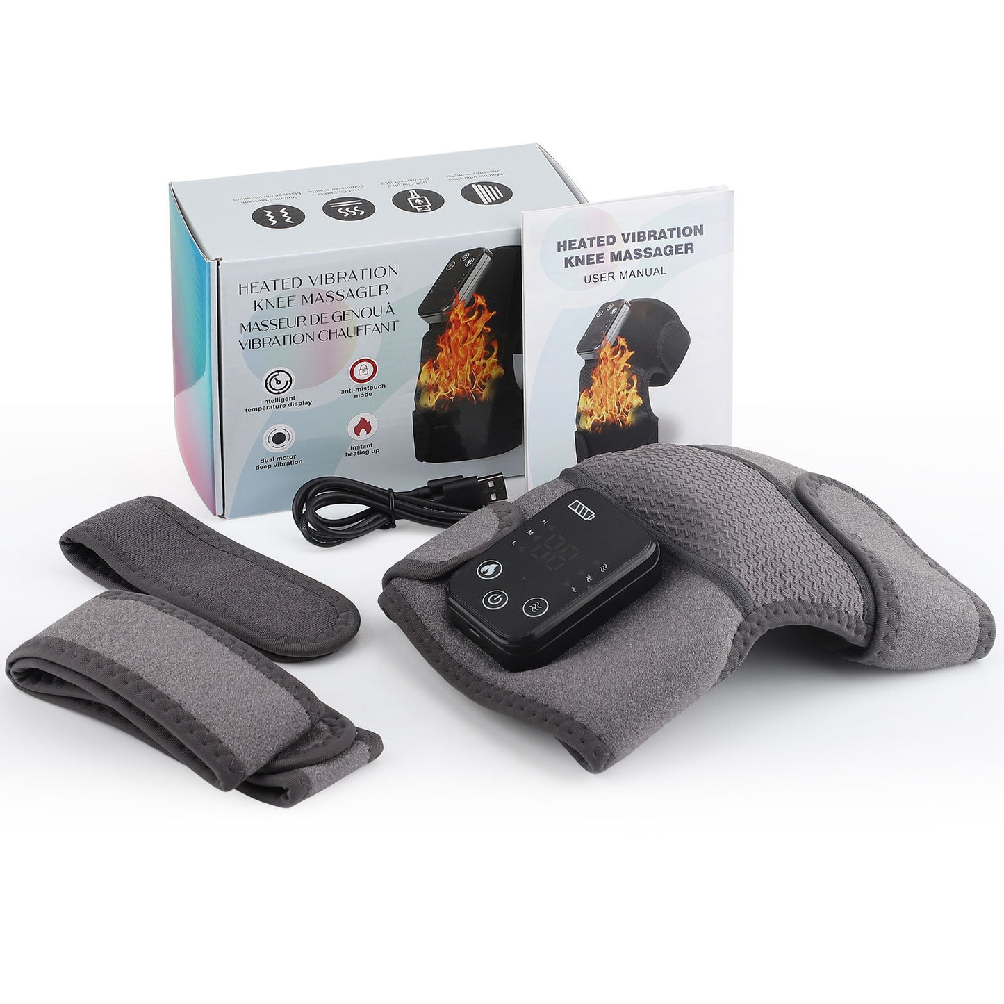 Heated knee pad, heated knee massager with vibration. 3-in-1 knee massager.