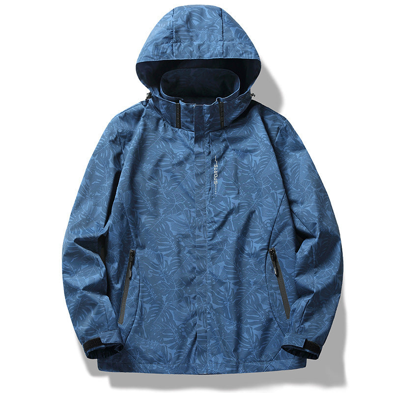 Men's and women's camouflage windproof jacket. Hooded floral print jacket. Long-sleeved casual sportswear with zippered pockets, non-stretch fabric, regular fit, casual sportswear.