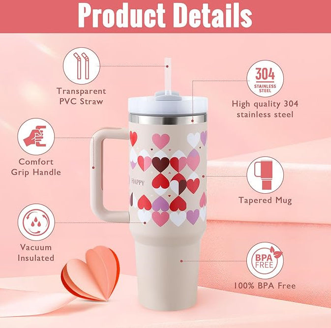 40 oz tumbler with lid and stainless steel handle. Thermos water bottle mug.