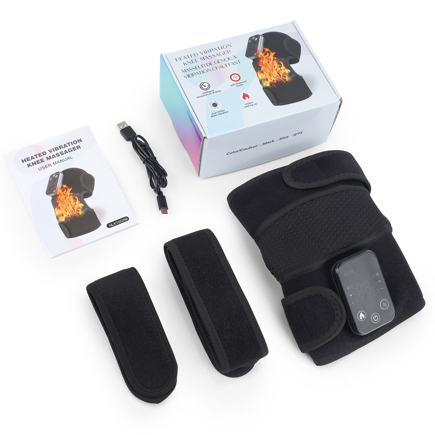 Heated knee pad, heated knee massager with vibration. 3-in-1 knee massager.