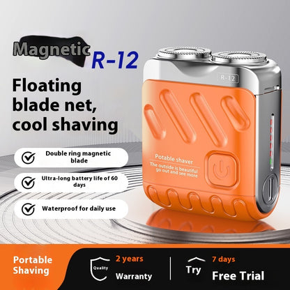 Portable Double-ring Rotary Electric Shaver for Men, Mini Travel Razor with Dual Magnetic Blade Head, Rechargeable, Pocket Size.