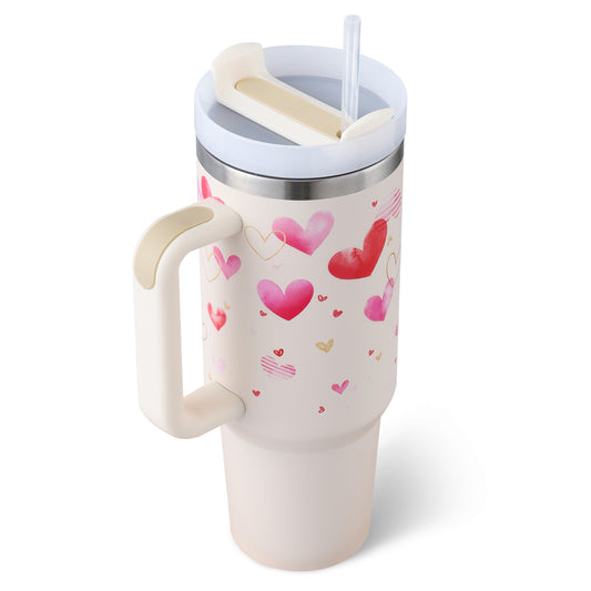 40 oz tumbler with lid and stainless steel handle. Thermos water bottle mug.