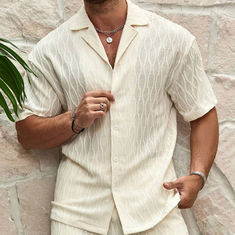 Men's Summer Suits, Fashion Solid Loose Casual Two-Piece Lapel Button-Down Shirt Shorts Beach Vacation All-Match Sets for Men