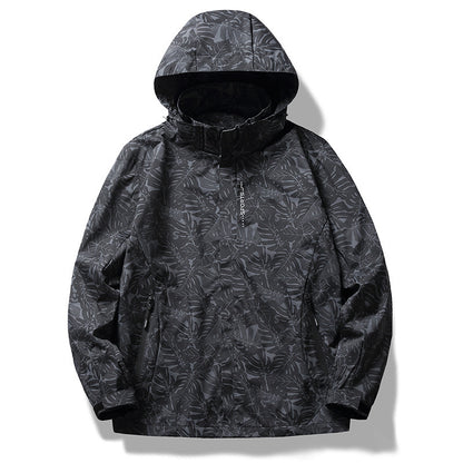 Men's and women's camouflage windproof jacket. Hooded floral print jacket. Long-sleeved casual sportswear with zippered pockets, non-stretch fabric, regular fit, casual sportswear.