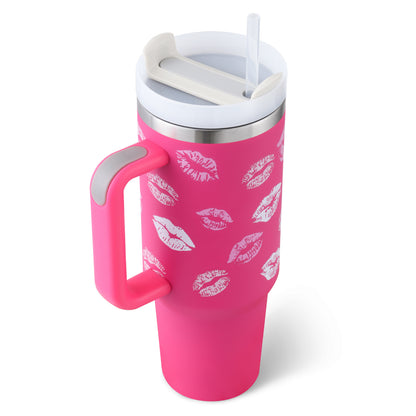 40 oz tumbler with lid and stainless steel handle. Thermos water bottle mug.