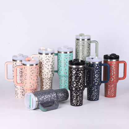 40 oz tumbler with lid and stainless steel handle. Thermos water bottle mug.