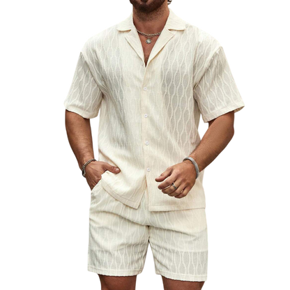 Men's Summer Suits, Fashion Solid Loose Casual Two-Piece Lapel Button-Down Shirt Shorts Beach Vacation All-Match Sets for Men