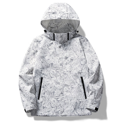 Men's and women's camouflage windproof jacket. Hooded floral print jacket. Long-sleeved casual sportswear with zippered pockets, non-stretch fabric, regular fit, casual sportswear.