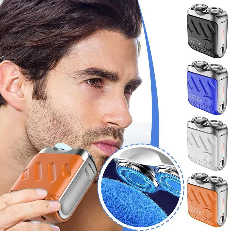 Portable Double-ring Rotary Electric Shaver for Men, Mini Travel Razor with Dual Magnetic Blade Head, Rechargeable, Pocket Size.