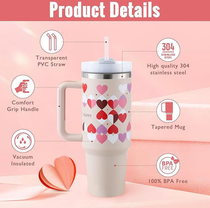 40 oz tumbler with lid and stainless steel handle. Thermos water bottle mug.